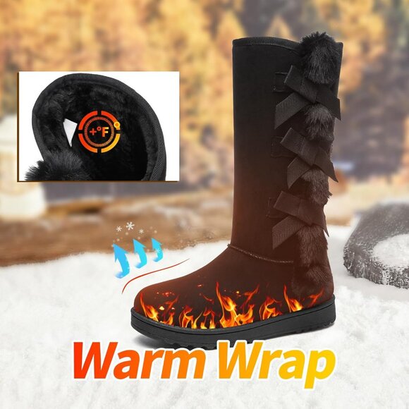 Women's Warm Mid Calf Boots Fuzzy Ladies Booties Classic Bow Tie Black - Picture 6 of 6